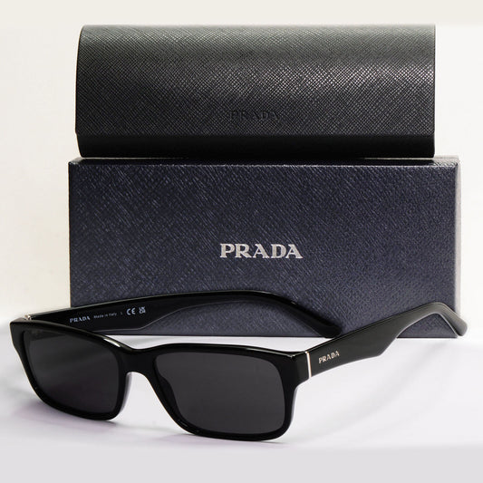 Prada Sunglasses Black Rectangle Glossy Fashion PR16MV VPR 16M 1AB-1O1 55mm