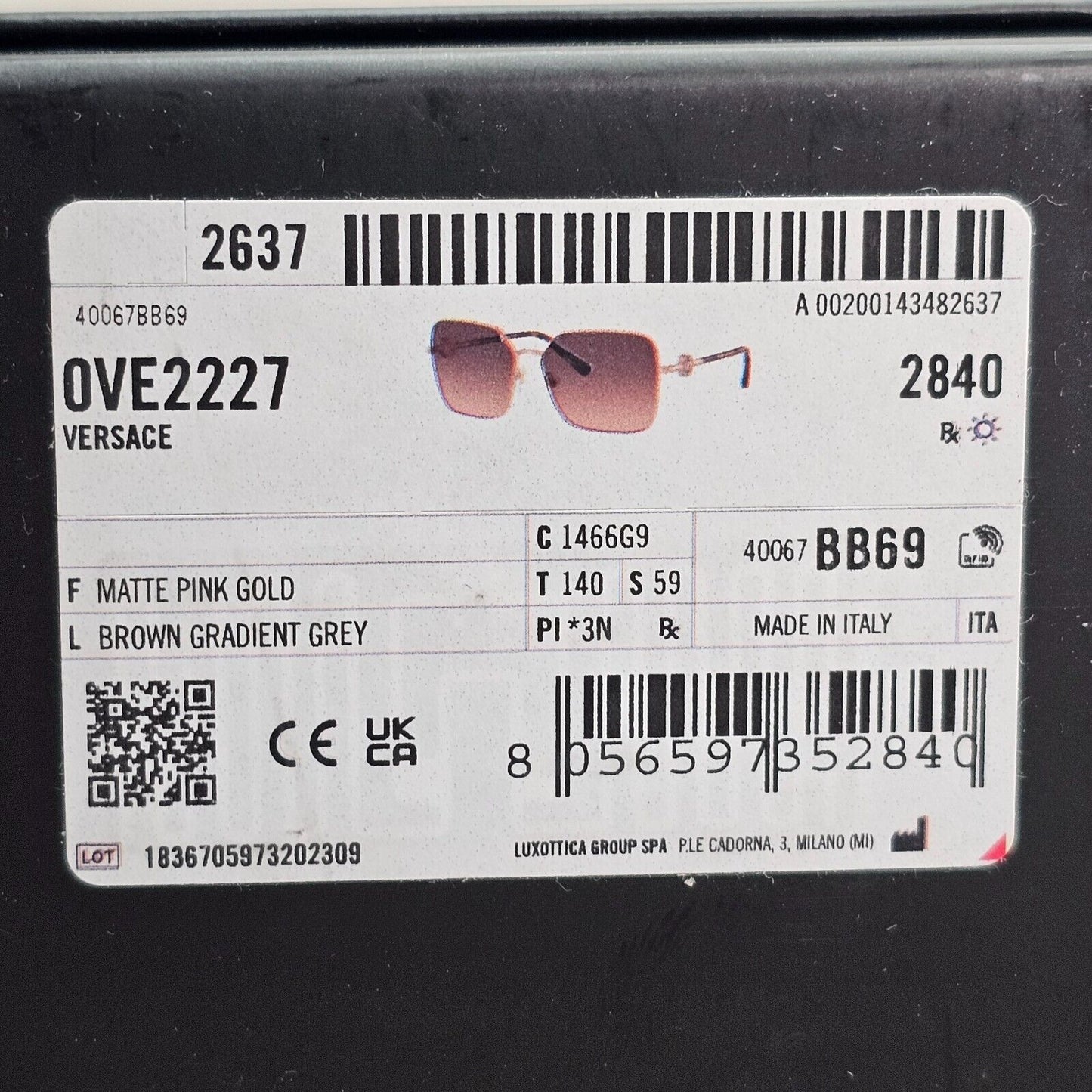 Versace Sunglasses Gold Brown Gradient Matte Square Medusa MOD VE 2227 1466/G9