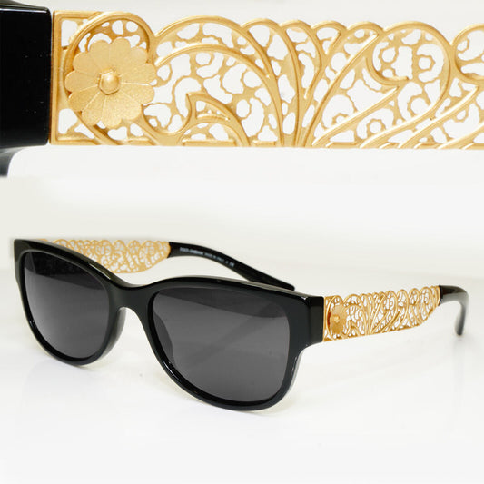 Authentic Dolce & Gabbana Gold Flowers Black Womens Sunglasses DG 3185 501 30209