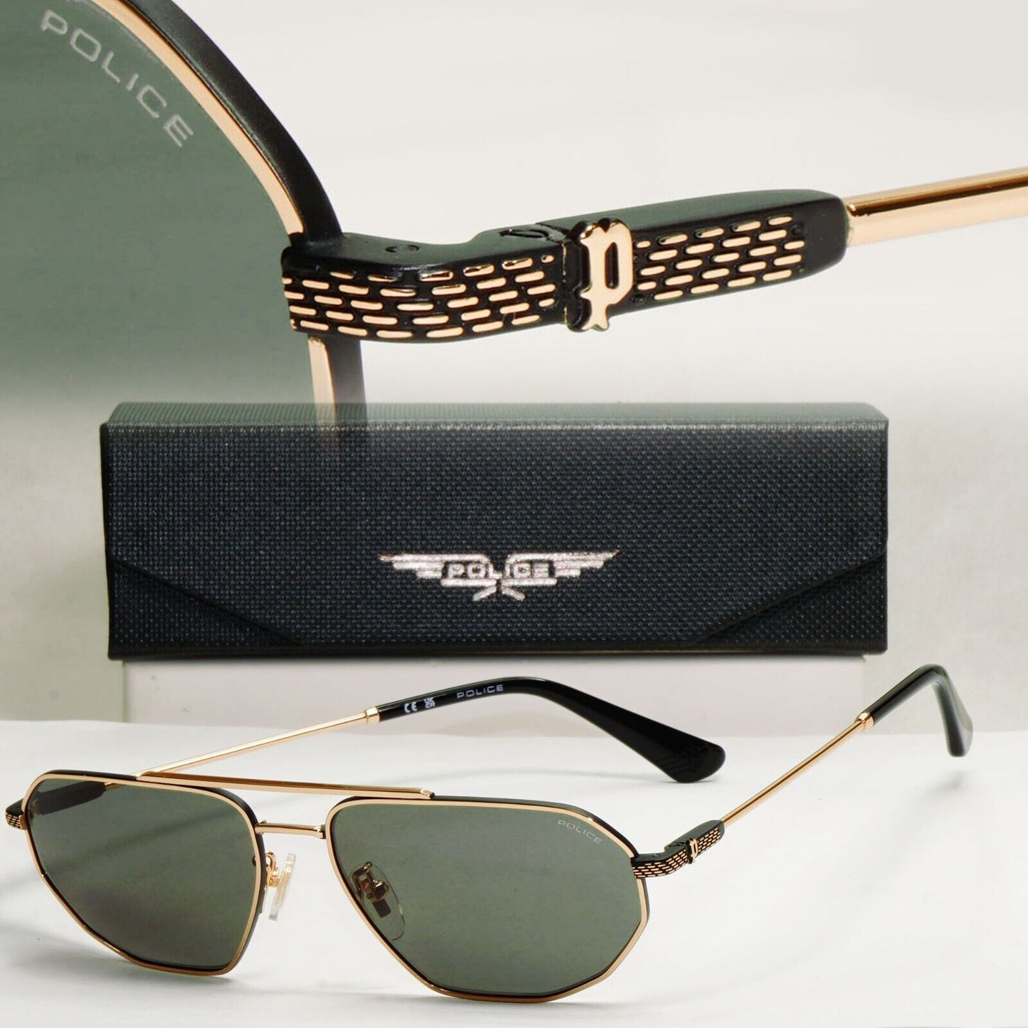 Police Sunglasses Gold Black Metal Angular Pilot Green SPL F66 Octane 2 COL 0302