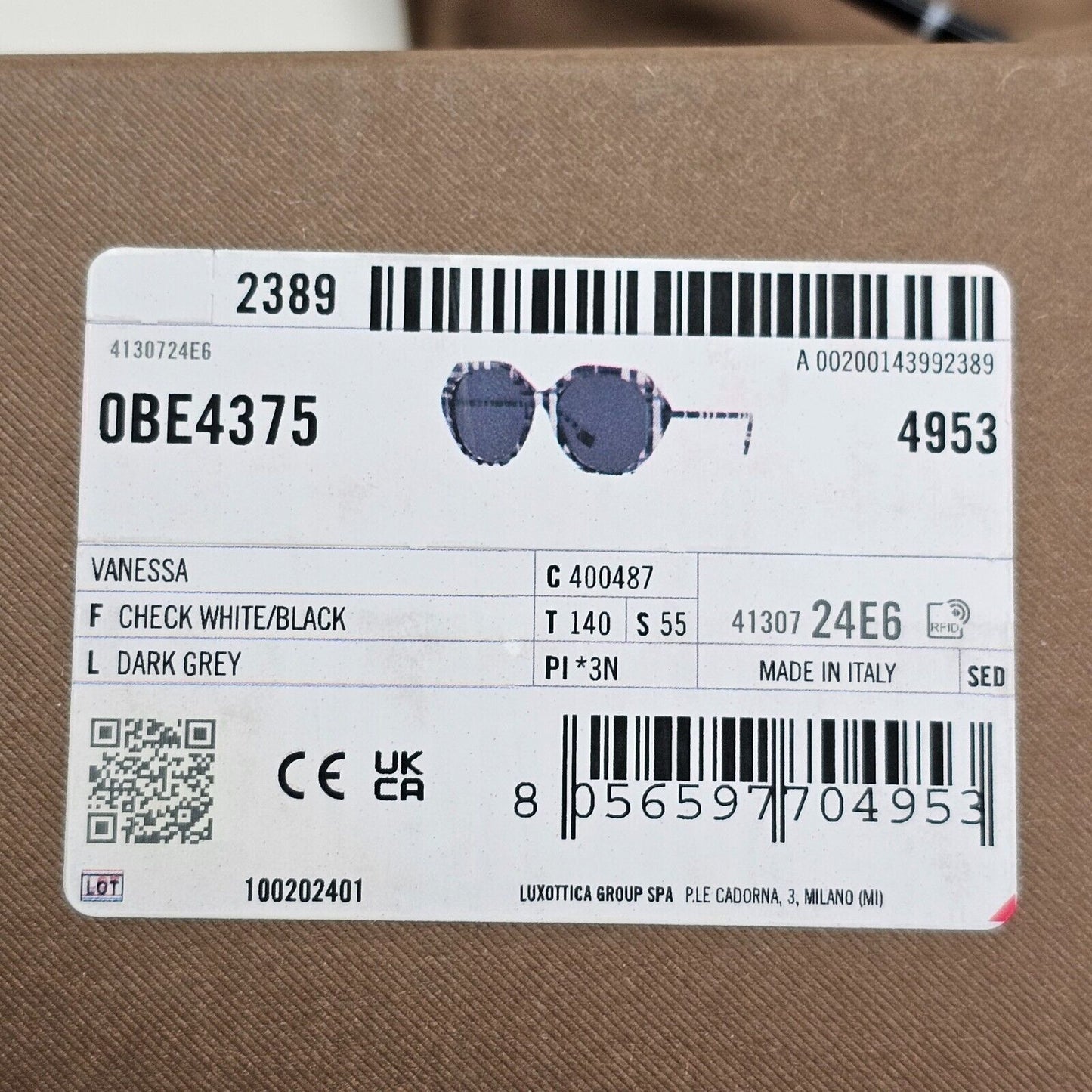 Burberry Sunglasses Black White Grey Check Plaid Vanessa BE 4375 4004/87 55mm
