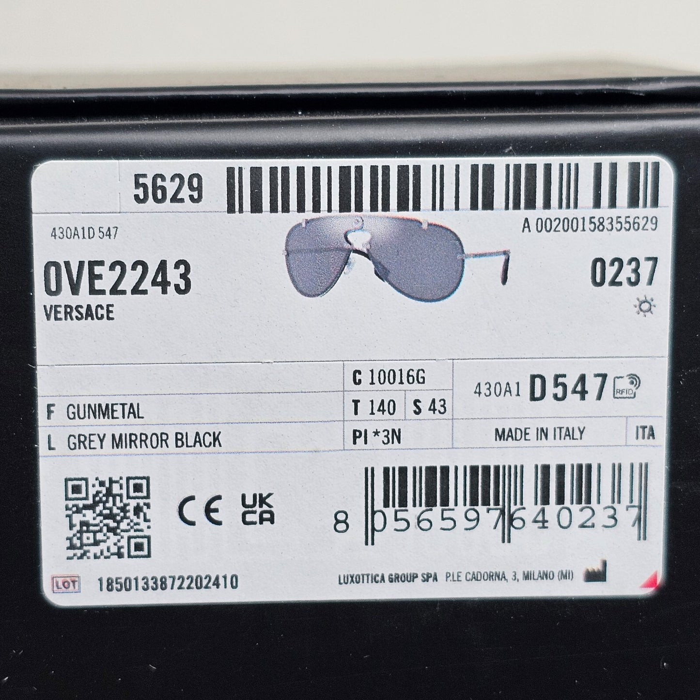 Versace Sunglasses Pilot Shield Gunmetal Grey Mirror MOD VE 2243 1001/6G