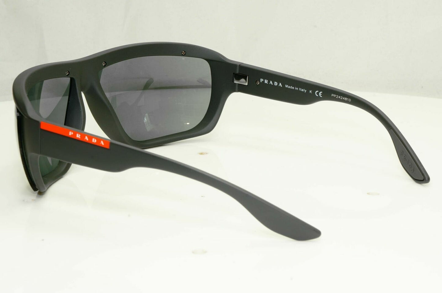 Prada Black Grey Mirror Mens Sunglasses SPS 09V TFZ-09F Red Stripe Rossa Matte
