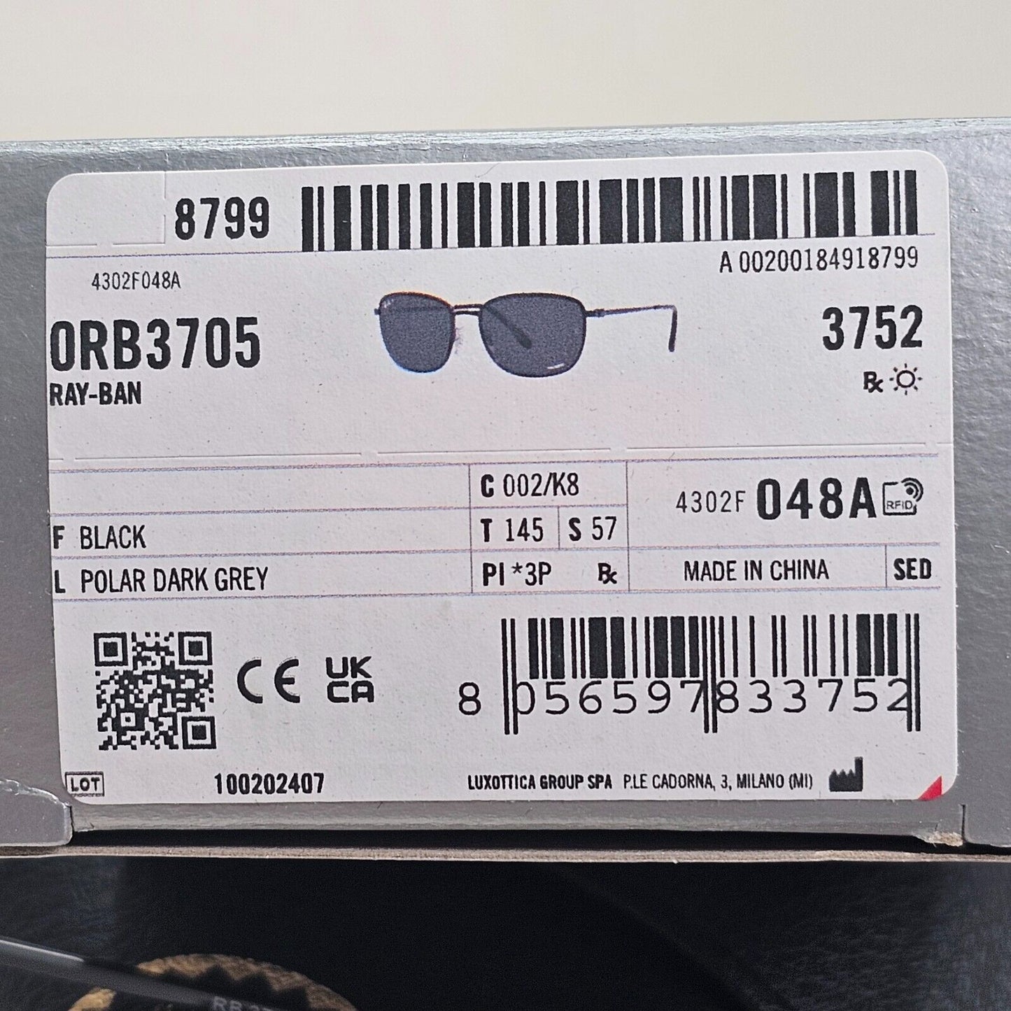 Ray-Ban Sunglasses Polarized Chromance Black Metal Wrap RB 3705 002/K8 57mm