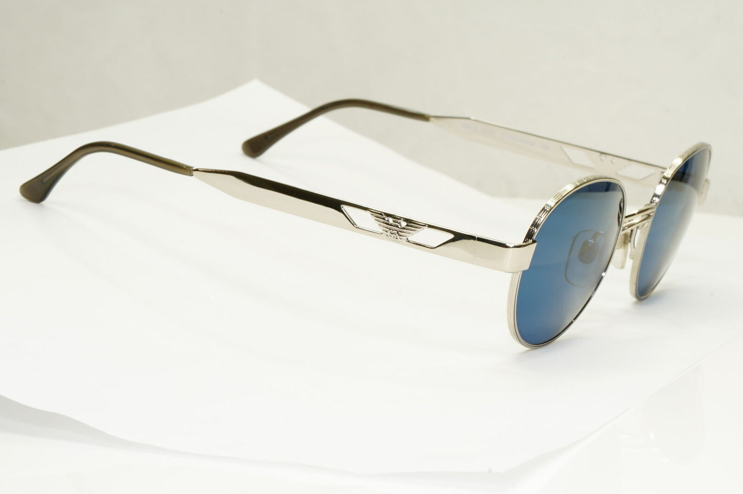 Emporio Armani Sunglasses 1997 Vintage Silver Round Blue Eagle 023-S 707/25 XL