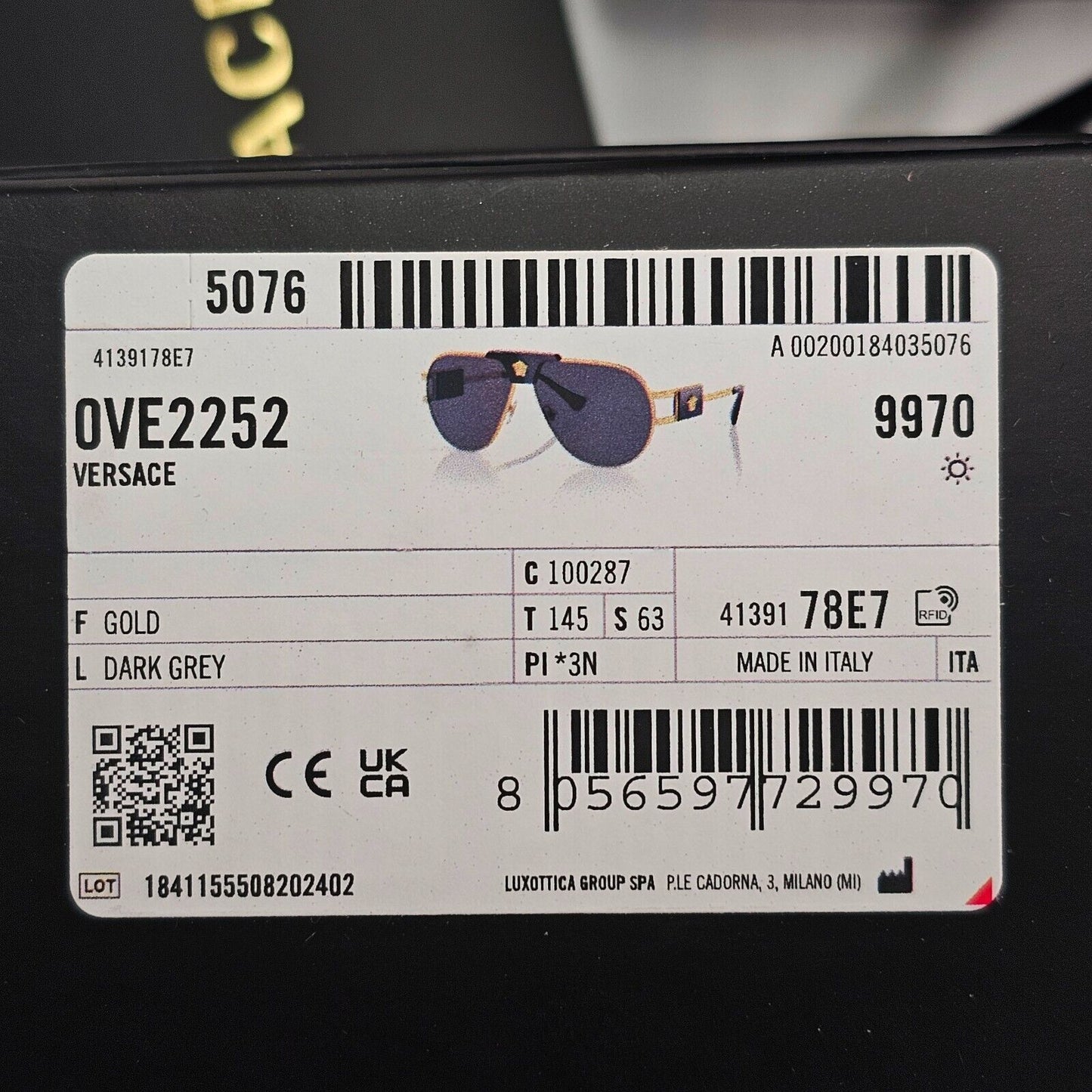 Versace Sunglasses Gold Black Grey Metal Pilot MOD VE 2252 1002/87 63mm