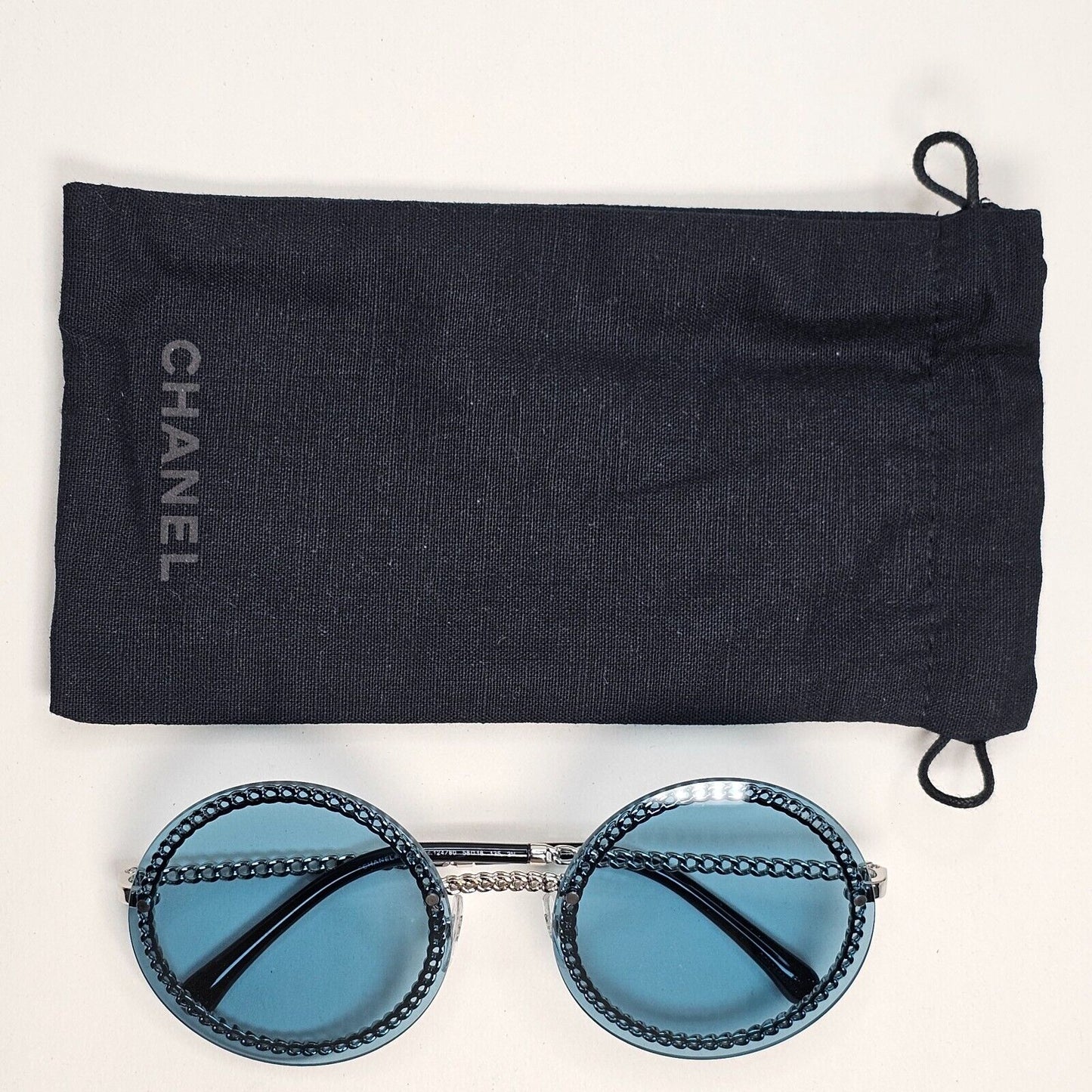 Chanel Sunglasses Chain Round Rimless Metal Silver Blue CH 4245 c.124/80