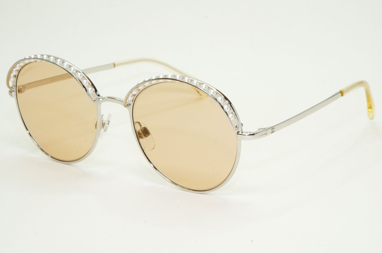 Chanel Sunglasses Pearl Silver Brown Amber Round Metal 4247-H c.124/73 52mm