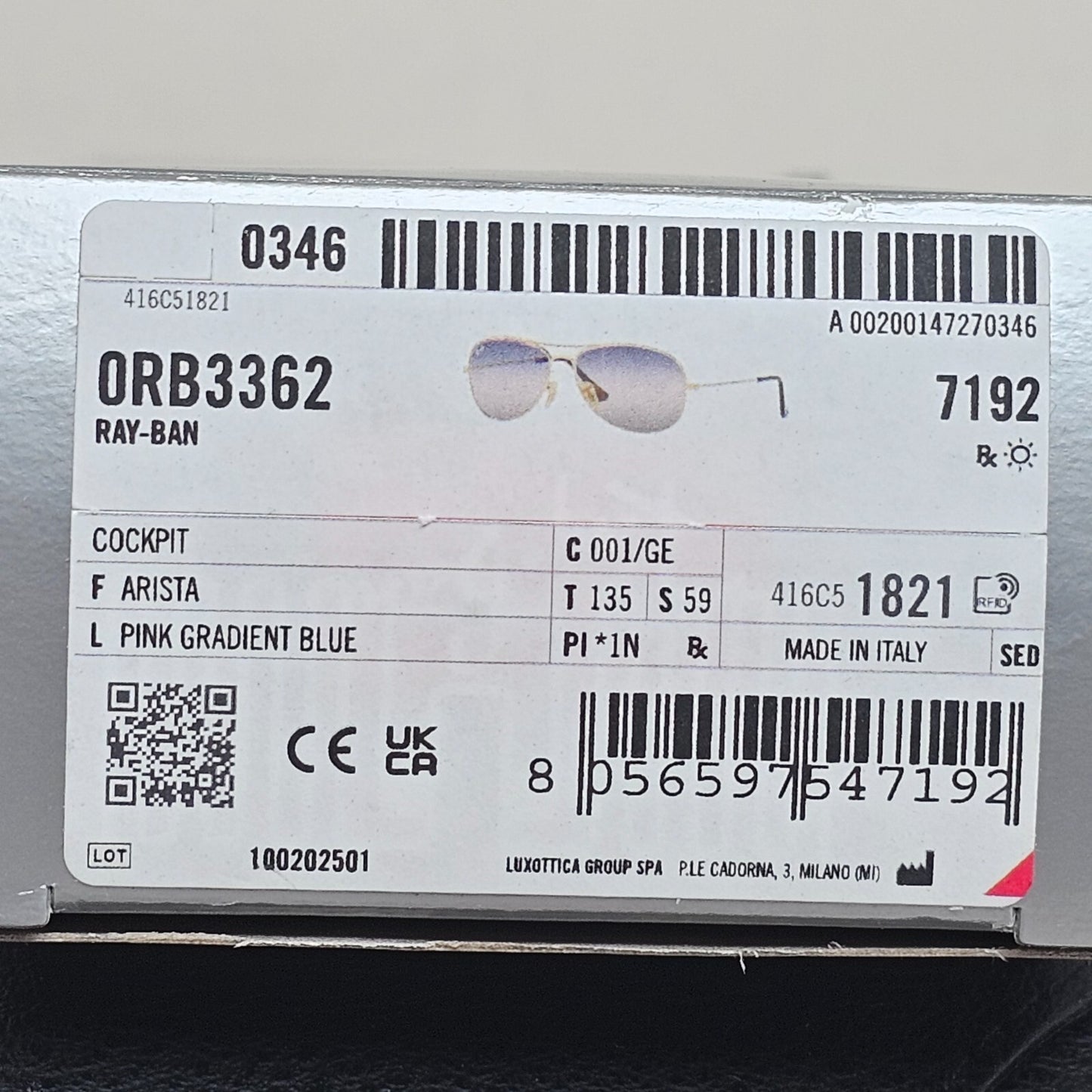 Ray-Ban Sunglasses Cockpit Gold Arista Gradient Pilot RB 3362 001/GE 59mm