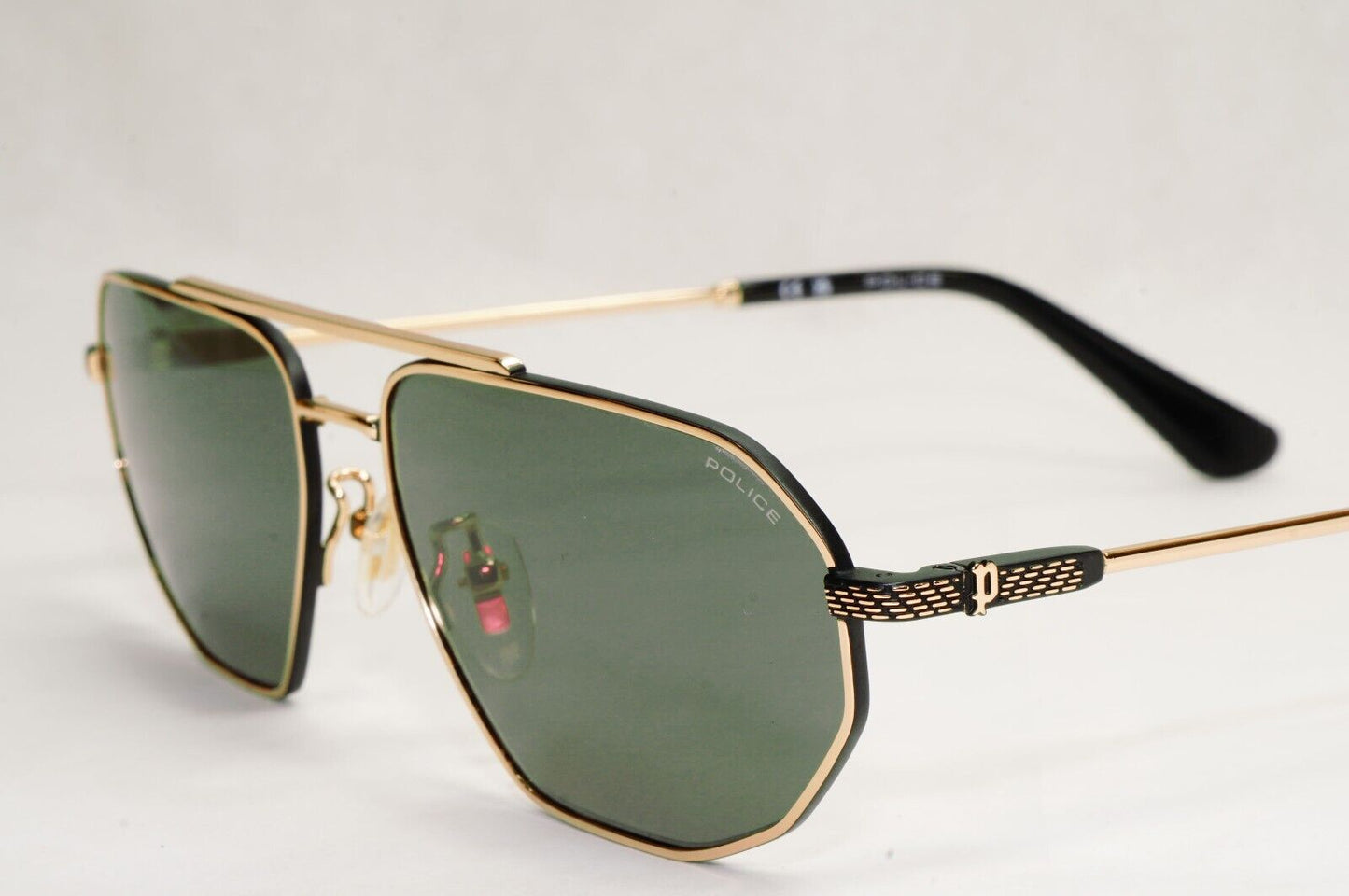 Police Sunglasses Gold Black Metal Angular Pilot Green SPL F66 Octane 2 COL 0302
