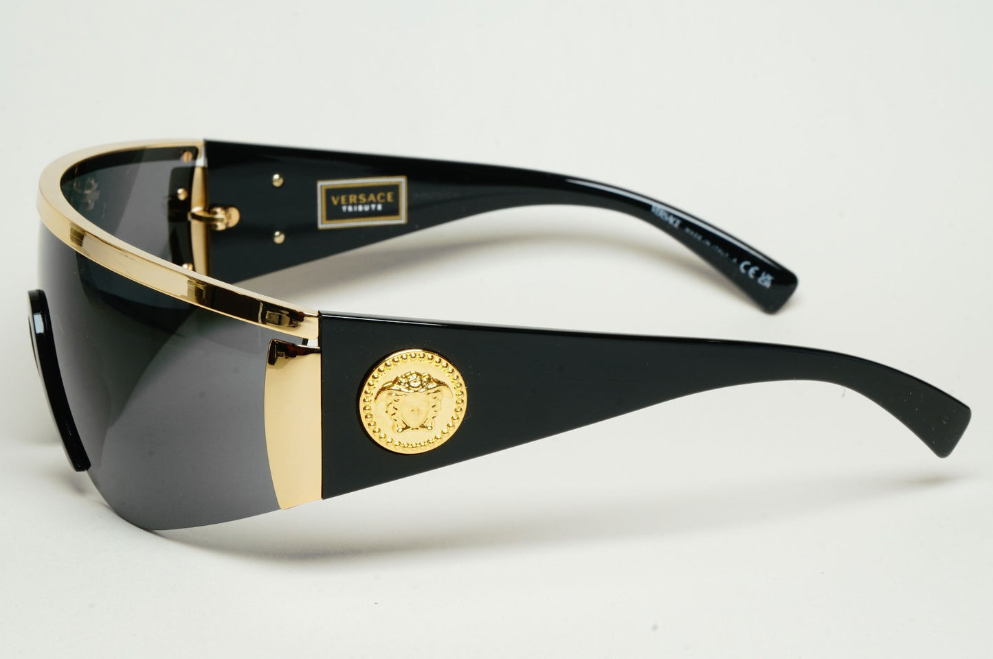 Versace Sunglasses Gold Medusa Shield Visor Black 1996 Tribute MOD 2197 1000/87