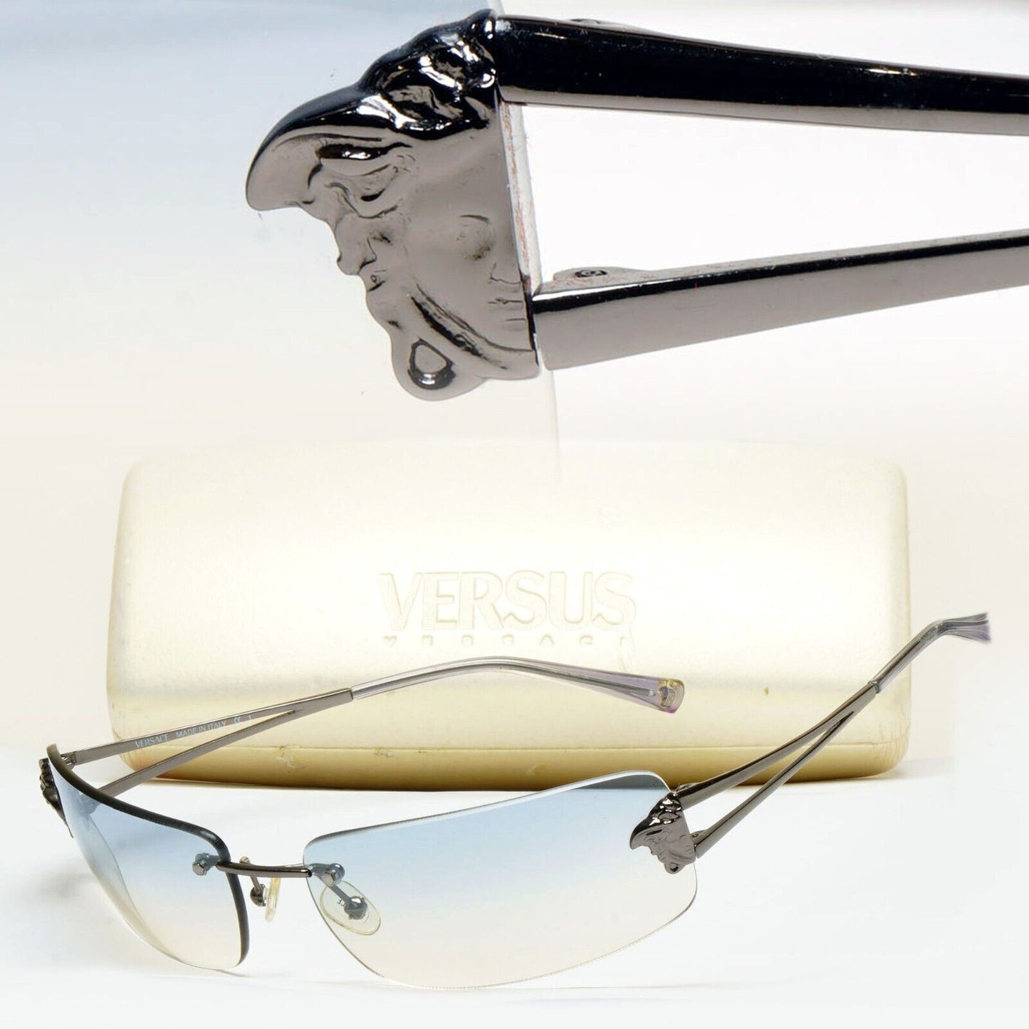 Versace Sunglasses 2002 Vintage Rimless Gunmetal Blue MOD N40 COL 89M/538 290125