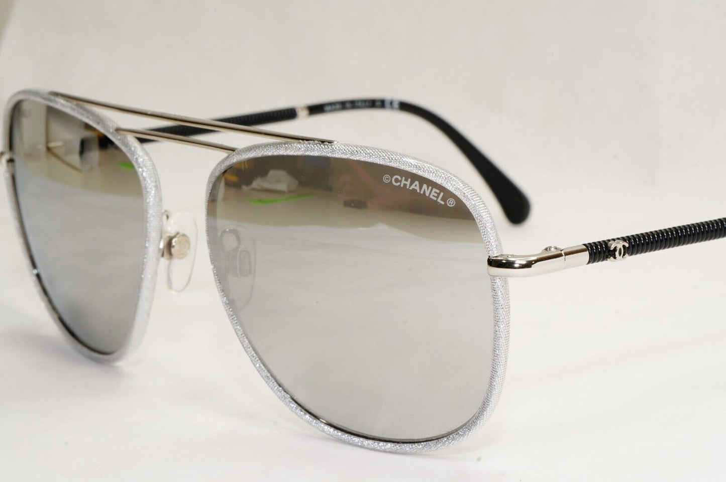 Chanel Sunglasses Silver Mirror Grey Black Pilot 4230-Q c.124/Z6 200324