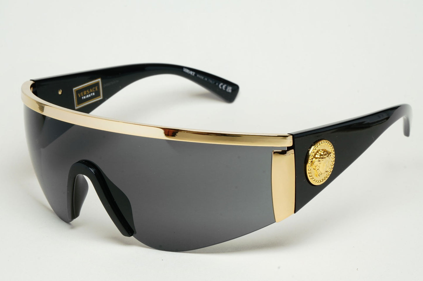 Versace Sunglasses Gold Medusa Shield Visor Black 1996 Tribute MOD 2197 1000/87