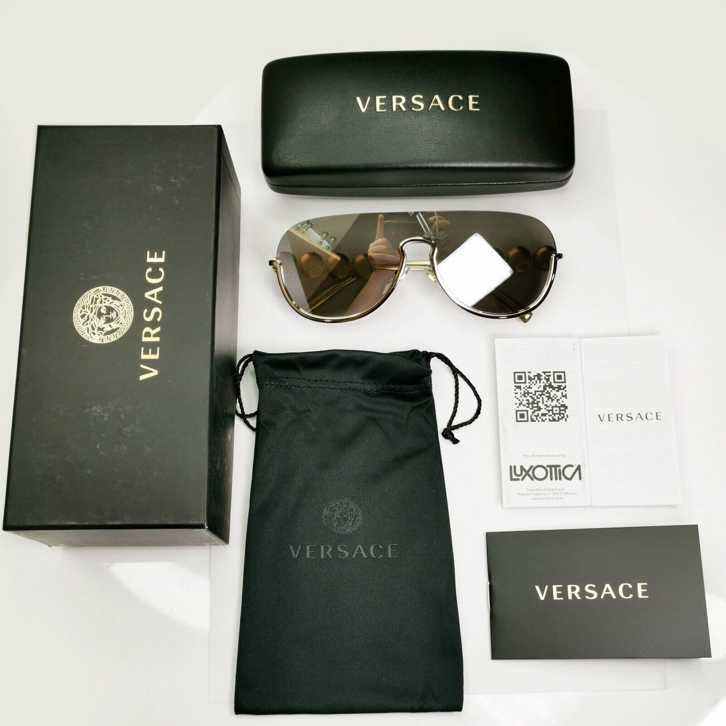 Versace Sunglasses Gold Silver Mirror Medusa Shield Unisex MOD VE 2215 1252/6G