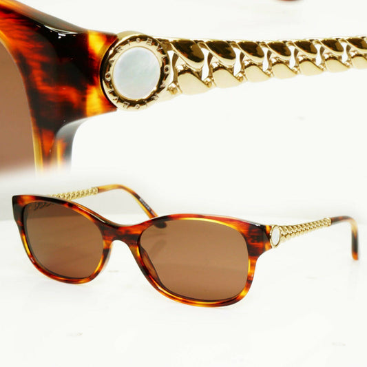 Bvlgari Gold Pearl Sunglasses Brown Rectangle Chain Womens 4081 816 30416