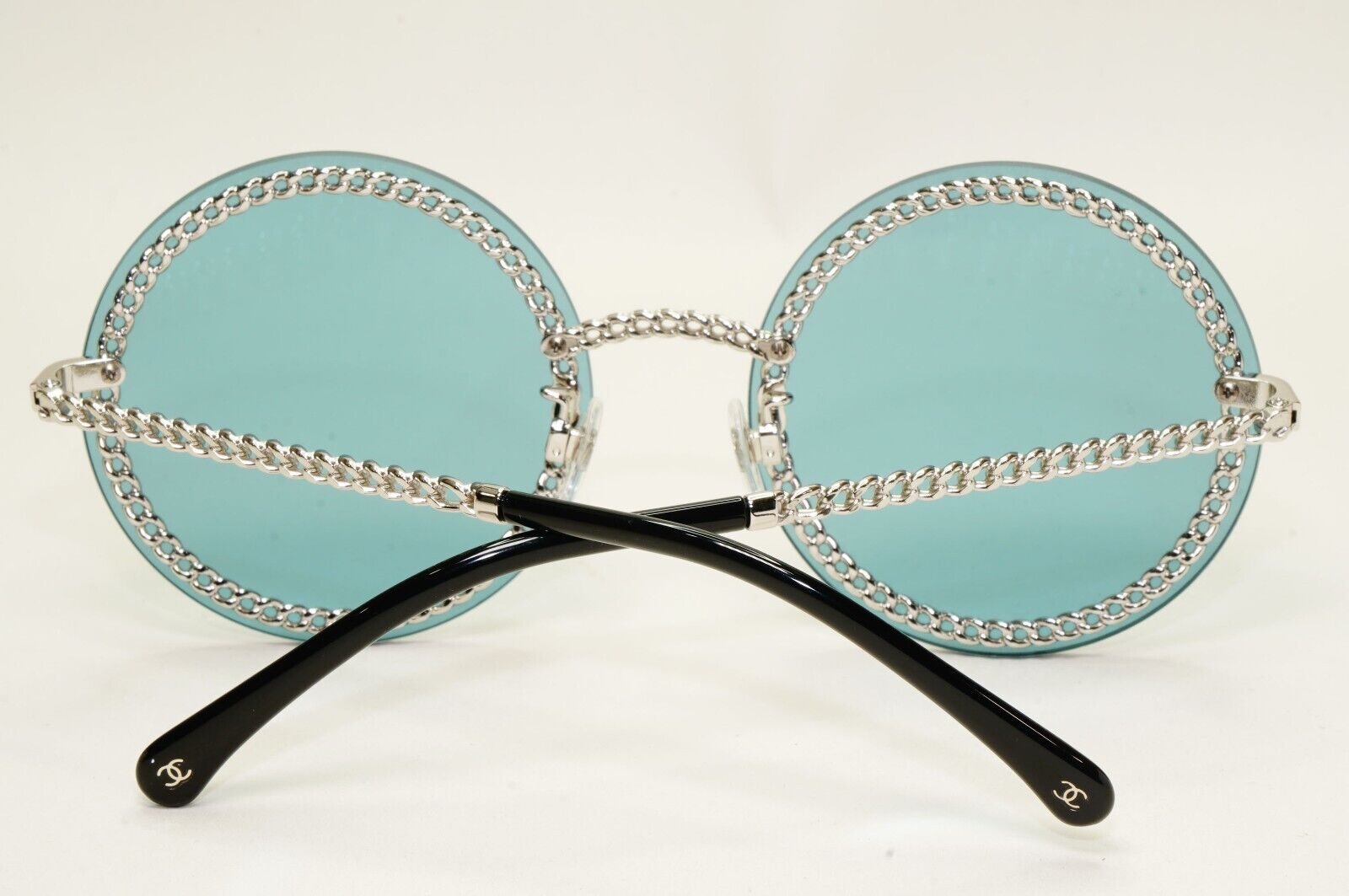 Chanel Sunglasses Chain Round Rimless Metal Silver Blue CH 4245 c.124/80