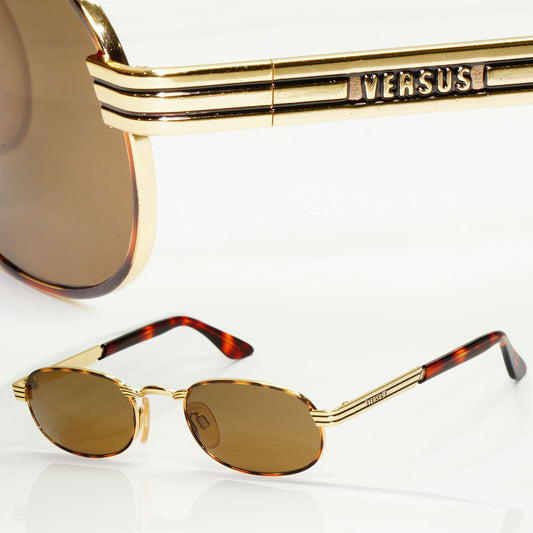 Versus 1996 by Gianni Versace Vintage Gold Brown Sunglasses Oval MOD F08 COL 36M