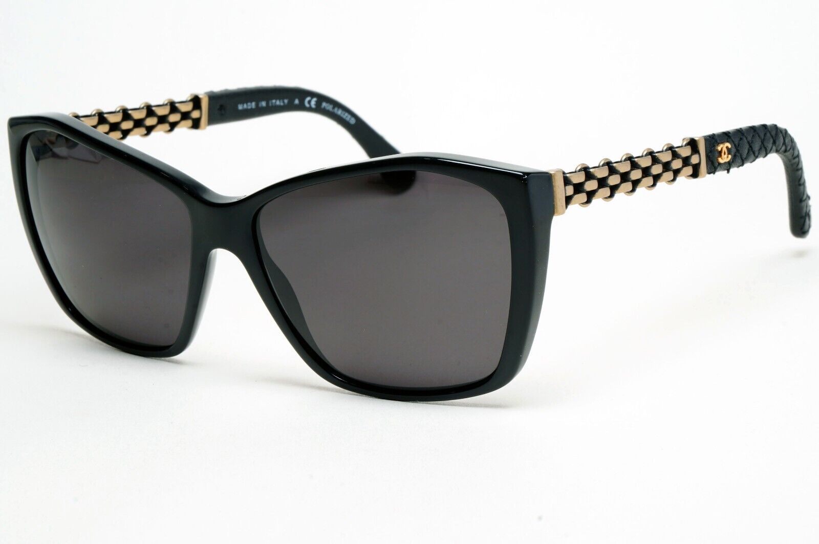 Chanel Sunglasses Grey Black Leather Square 5327-Q c.501/S8 59mm 241124