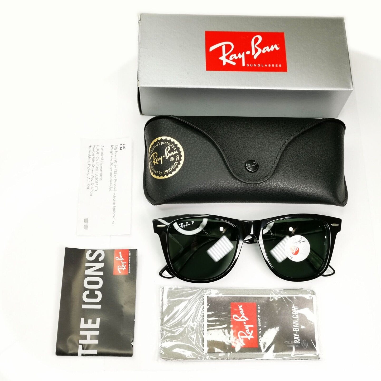Ray-Ban Sunglasses Wayfarer Polarised Square Black RB 2140 901/58 Large 54mm
