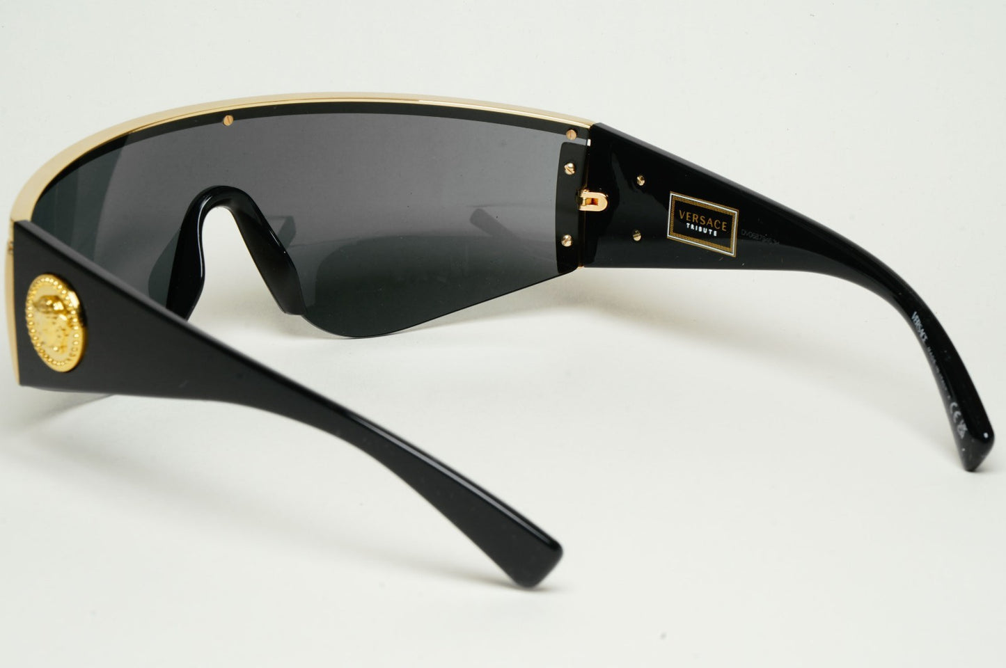 Versace Sunglasses Gold Medusa Shield Visor Black 1996 Tribute MOD 2197 1000/87