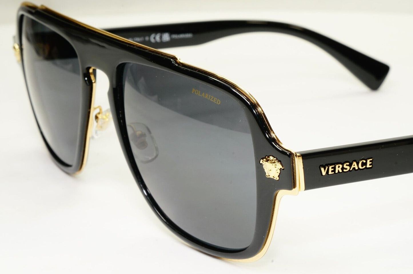 Versace Sunglasses Polarized Black Gold Square Navigator MOD VE 2199 1002/81