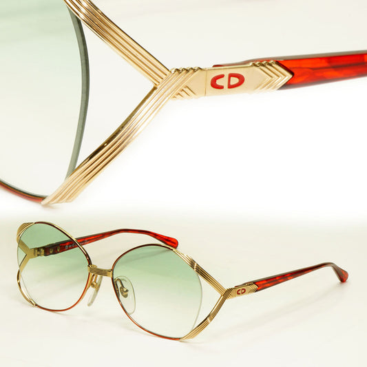 Dior 1990s Gold Sunglasses Austria Red Green Vintage Square Womens 2692 43