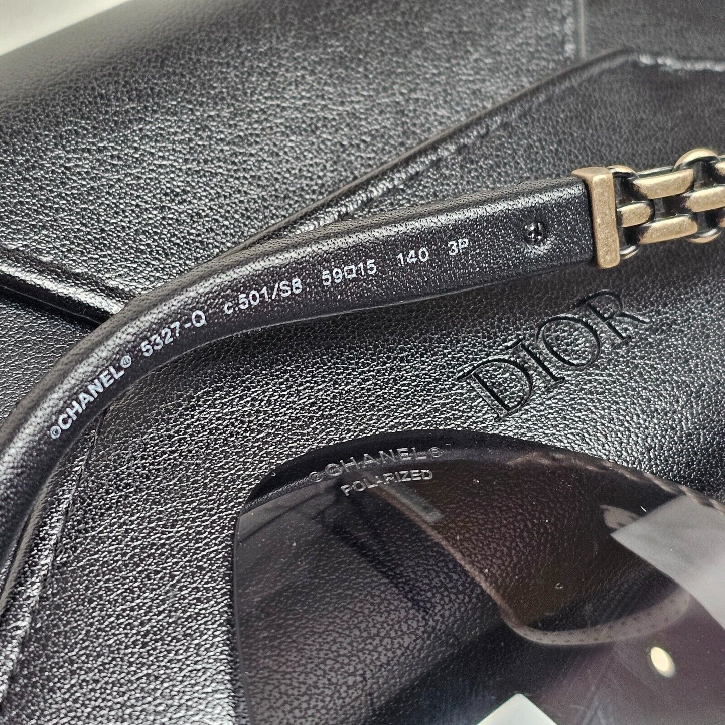 Chanel Sunglasses Grey Black Leather Square 5327-Q c.501/S8 59mm 241124