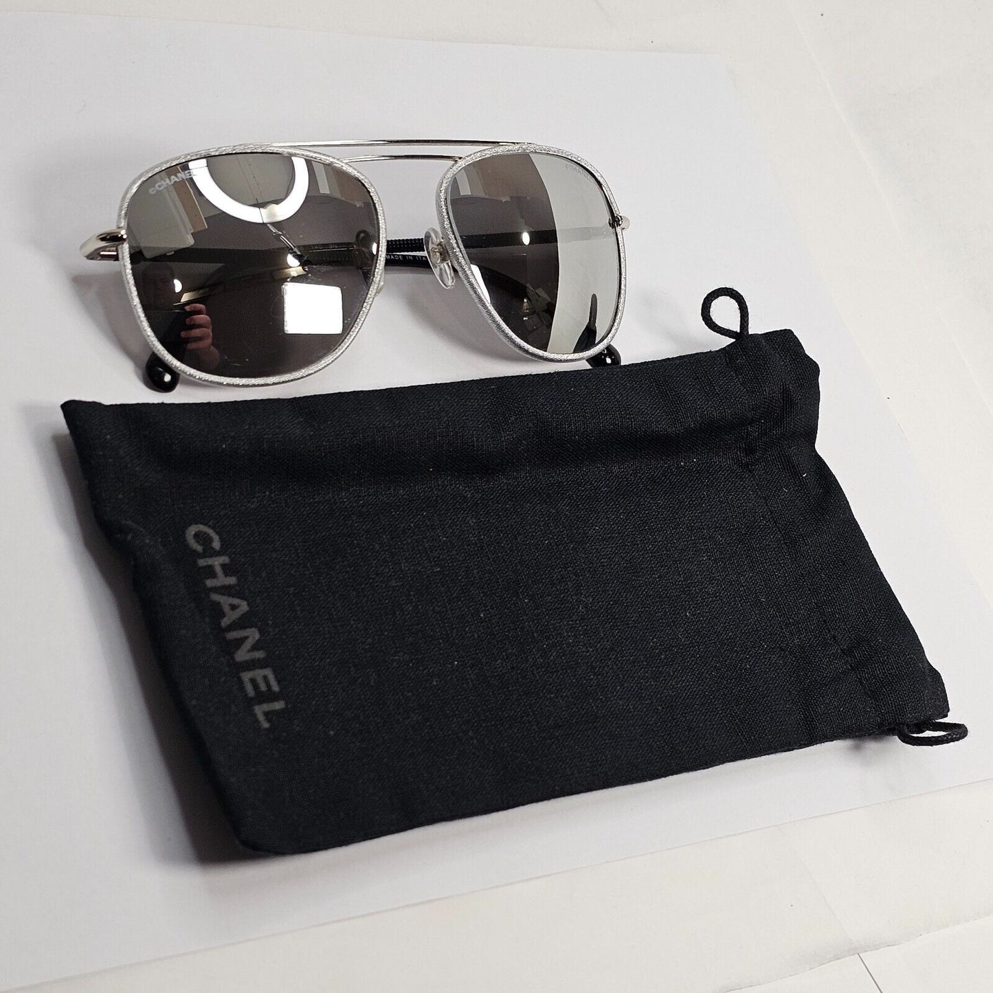 Chanel Sunglasses Silver Mirror Grey Black Pilot 4230-Q c.124/Z6 200324
