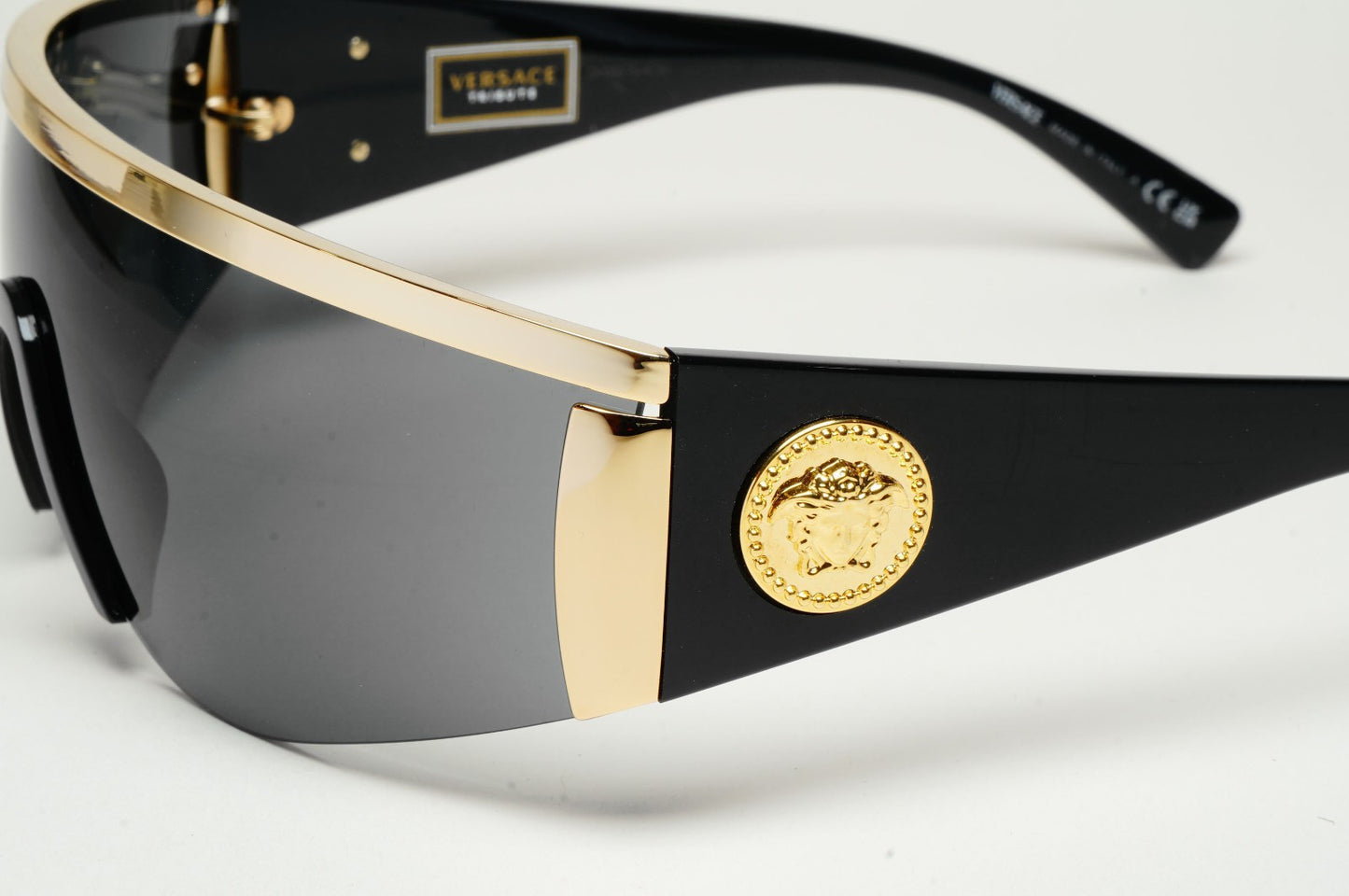 Versace Sunglasses Gold Medusa Shield Visor Black 1996 Tribute MOD 2197 1000/87