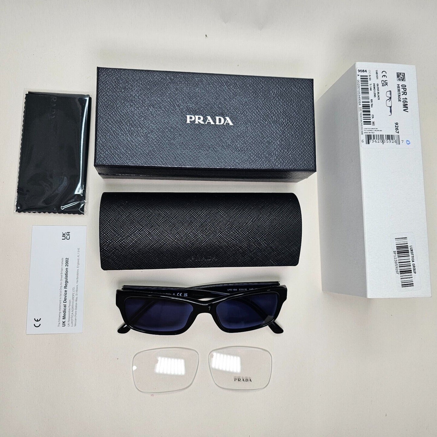 Prada Sunglasses Black Blue Glossy Rectangle Square PR16MV VPR 16M 1AB-1O1 53mm