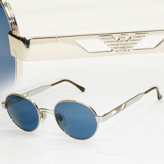 Emporio Armani Sunglasses 1997 Vintage Silver Round Blue Eagle 023-S 707/25 XL