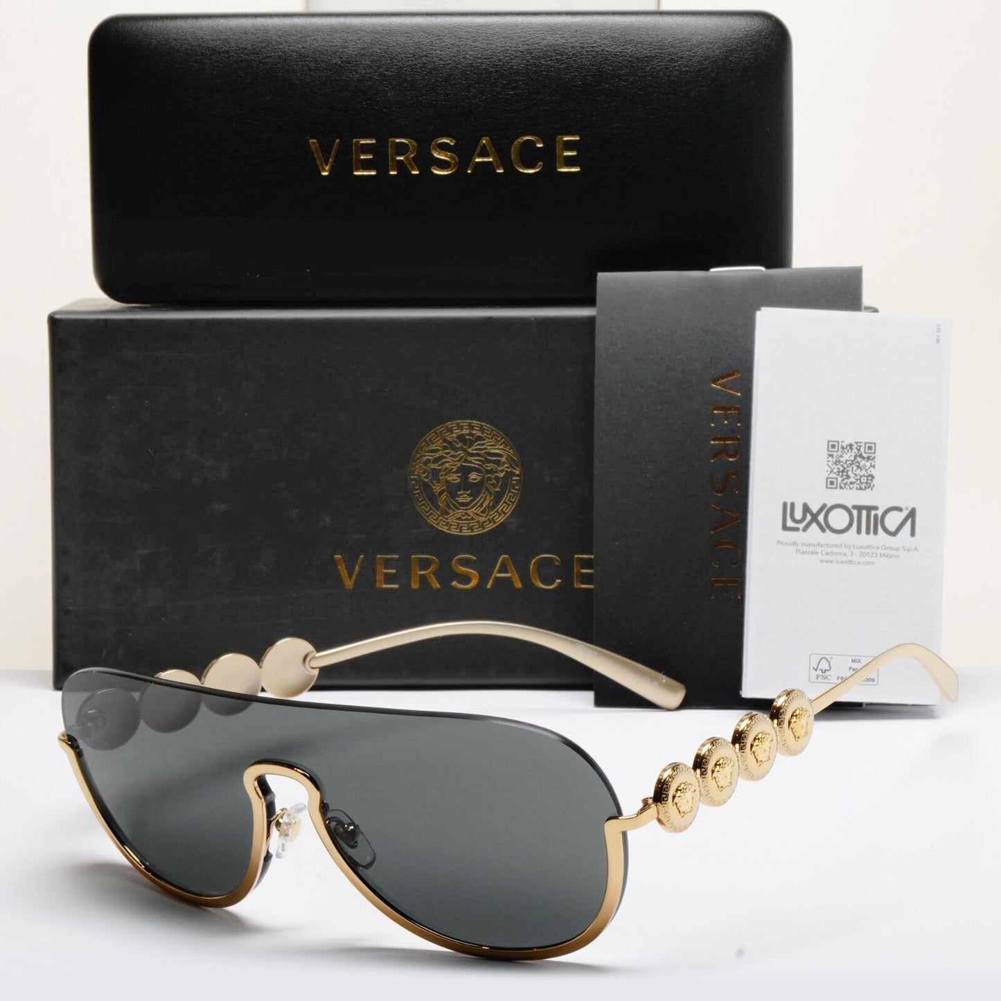 Versace Sunglasses Gold Medusa Visor Shield Shiny Dark Grey MOD VE 2215 1002/87