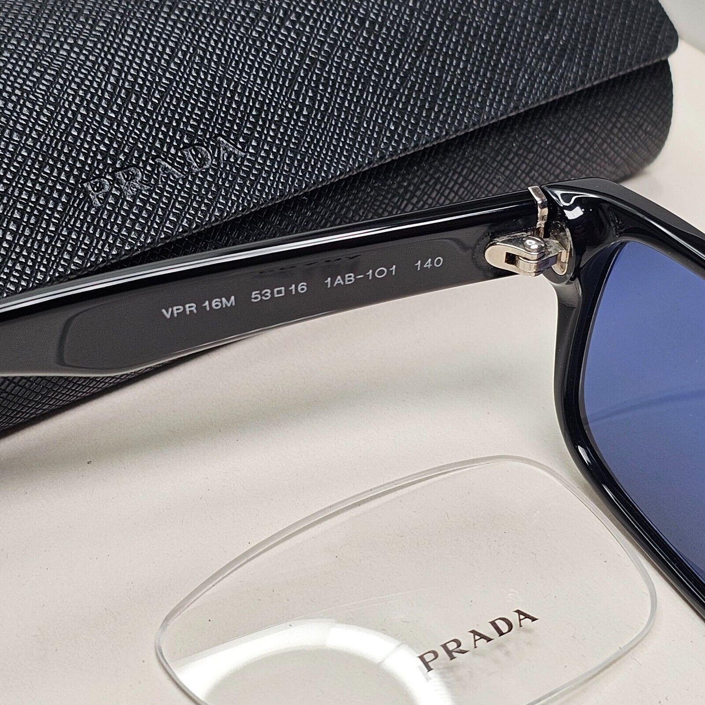 Prada Sunglasses Black Blue Glossy Rectangle Square PR16MV VPR 16M 1AB-1O1 53mm