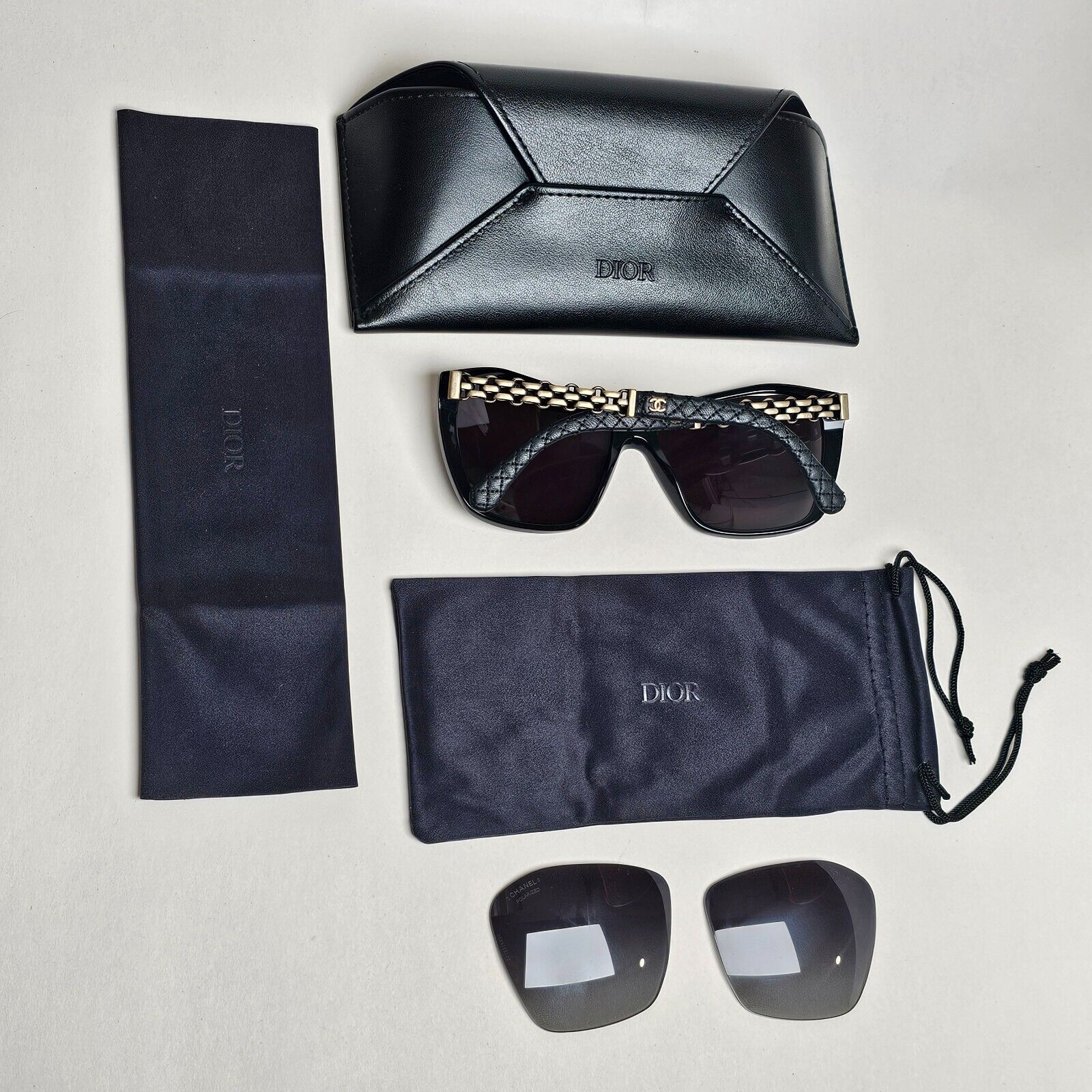 Chanel Sunglasses Grey Black Leather Square 5327-Q c.501/S8 59mm 241124