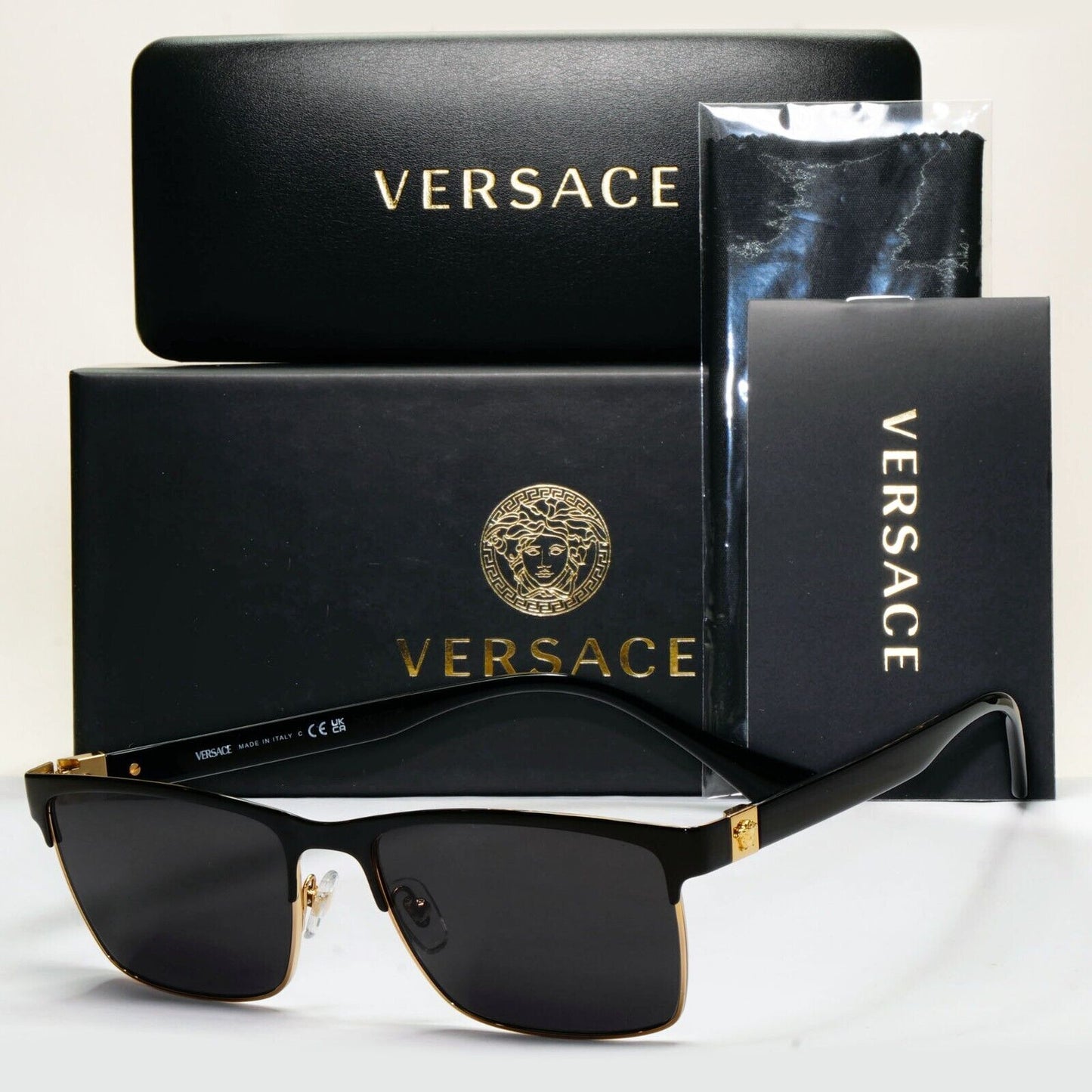 Versace Sunglasses Black Gold Medusa Metal Square MOD VE 1285 1443 56mm