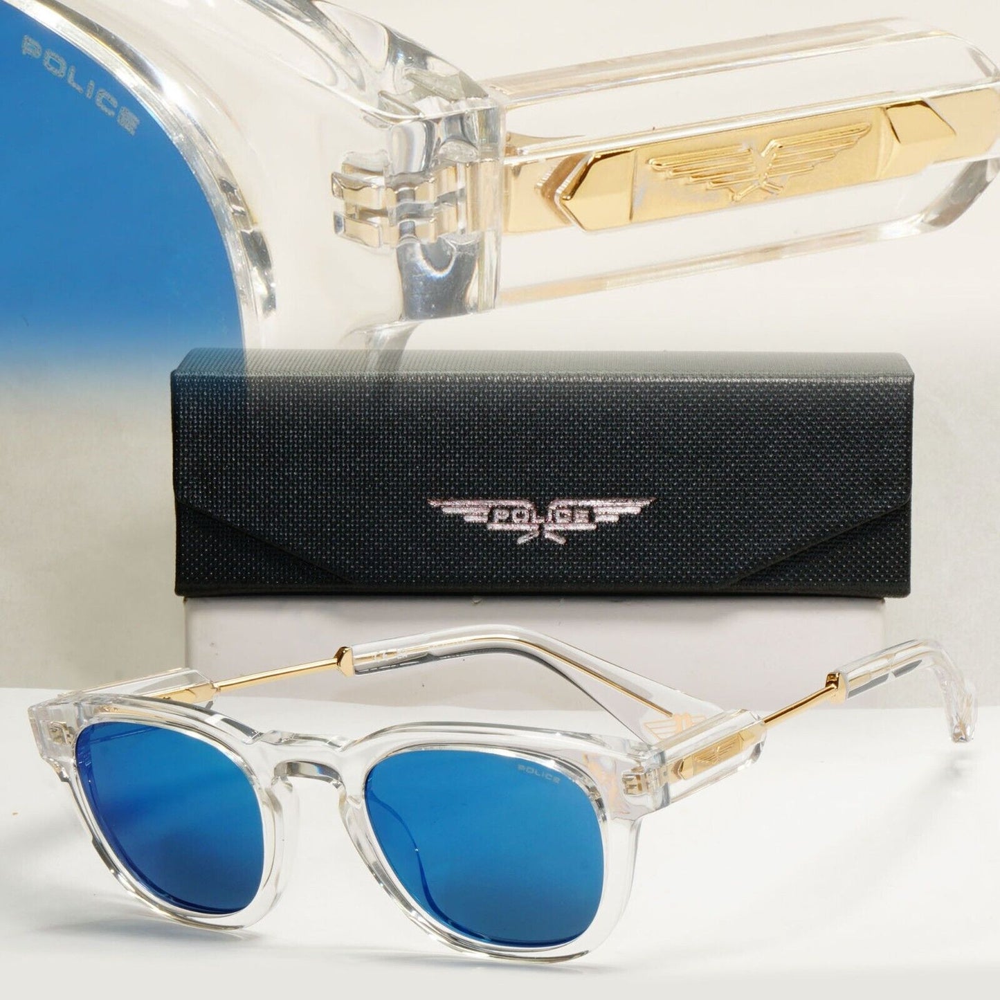Police Sunglasses Transparent Blue Mirror Gold Thick SPL F70 Prince 1 COL 880D
