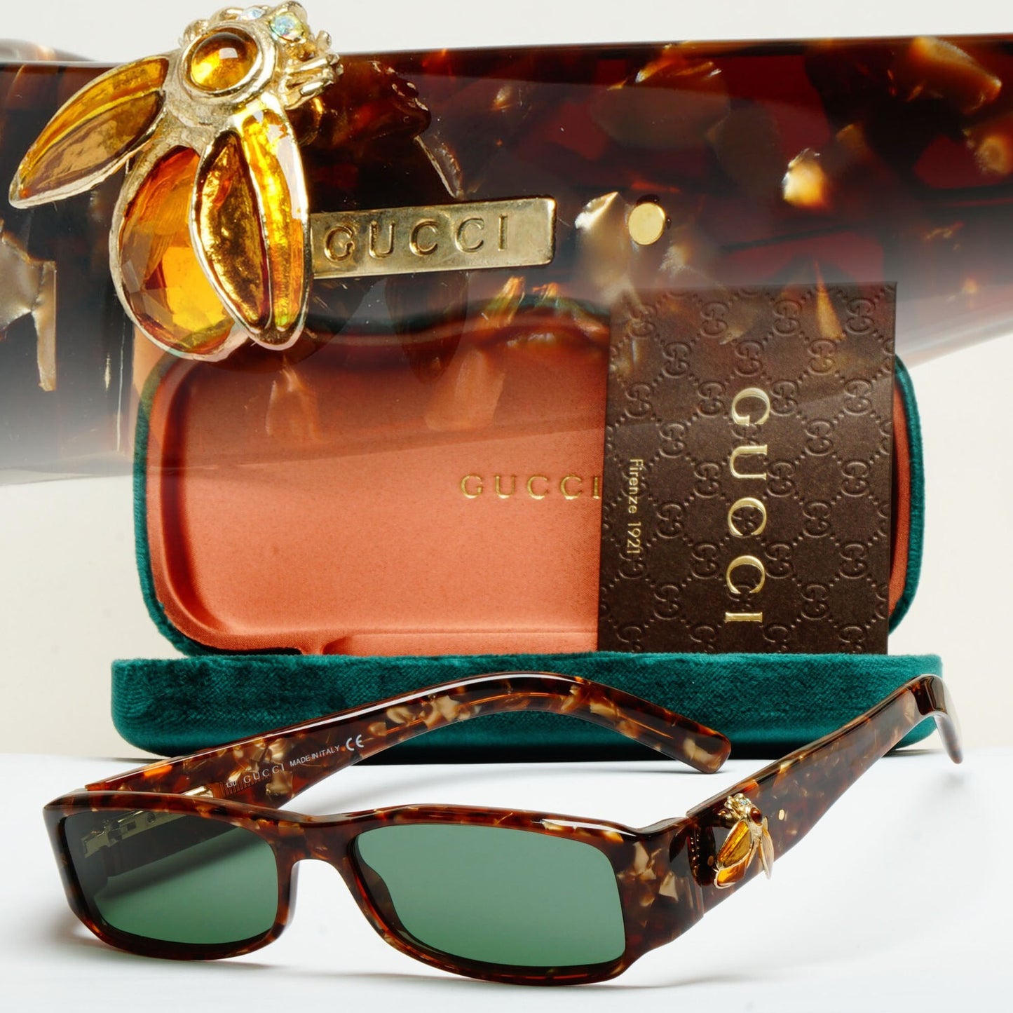 Gucci Sunglasses 2004 Vintage Gold Bee Green Havana Rectangle GG 2904 EGQ 52mm B