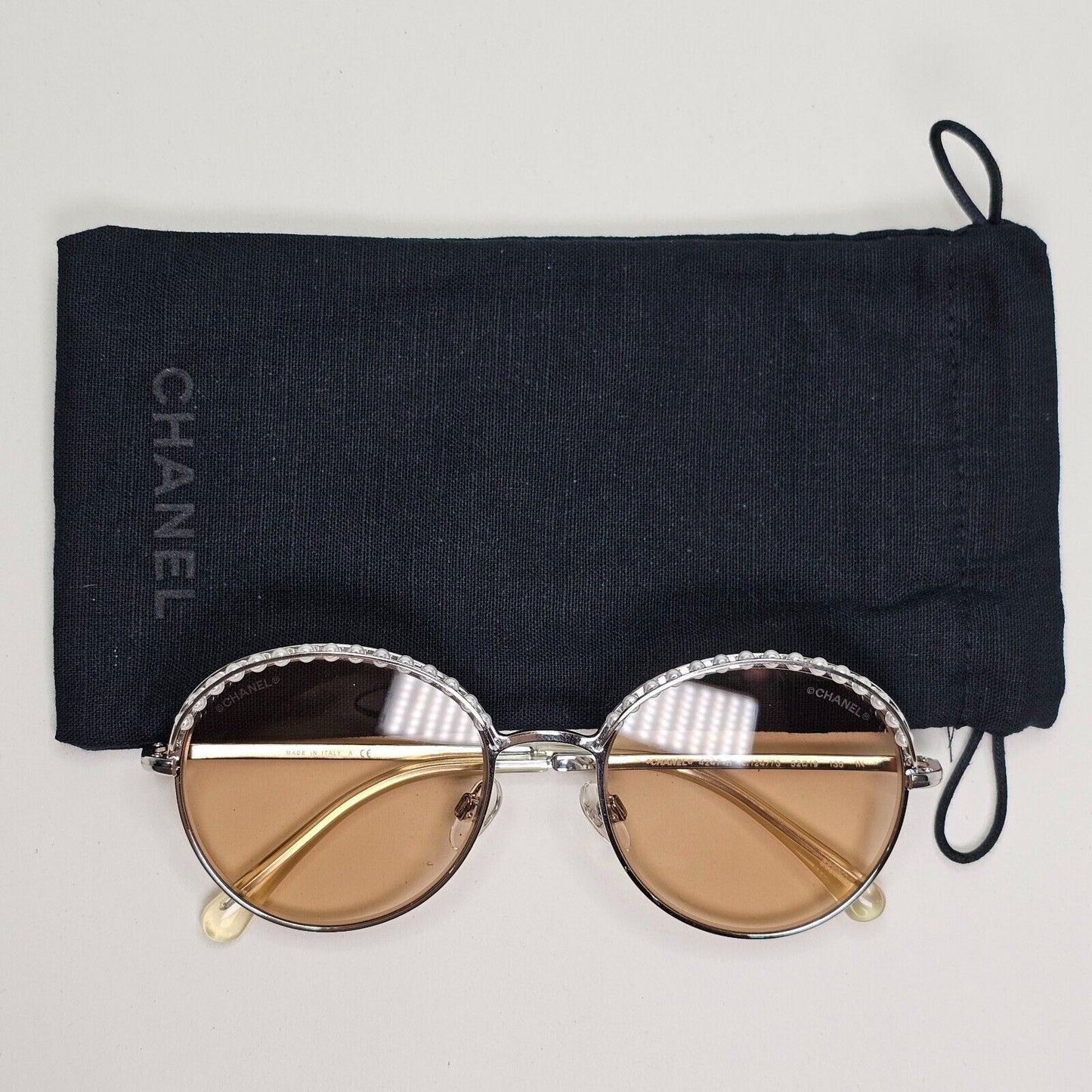 Chanel Sunglasses Pearl Silver Brown Amber Round Metal 4247-H c.124/73 52mm