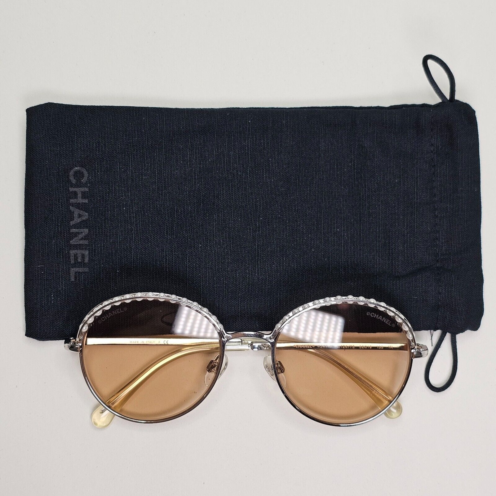 Chanel Sunglasses Pearl Silver Brown Amber Round Metal 4247-H c.124/73 52mm