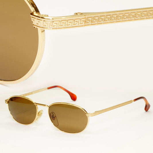 Gianni Versace 1995 Vintage Gold Meander Brown Metal Sunglasses MOD G61 COL 030