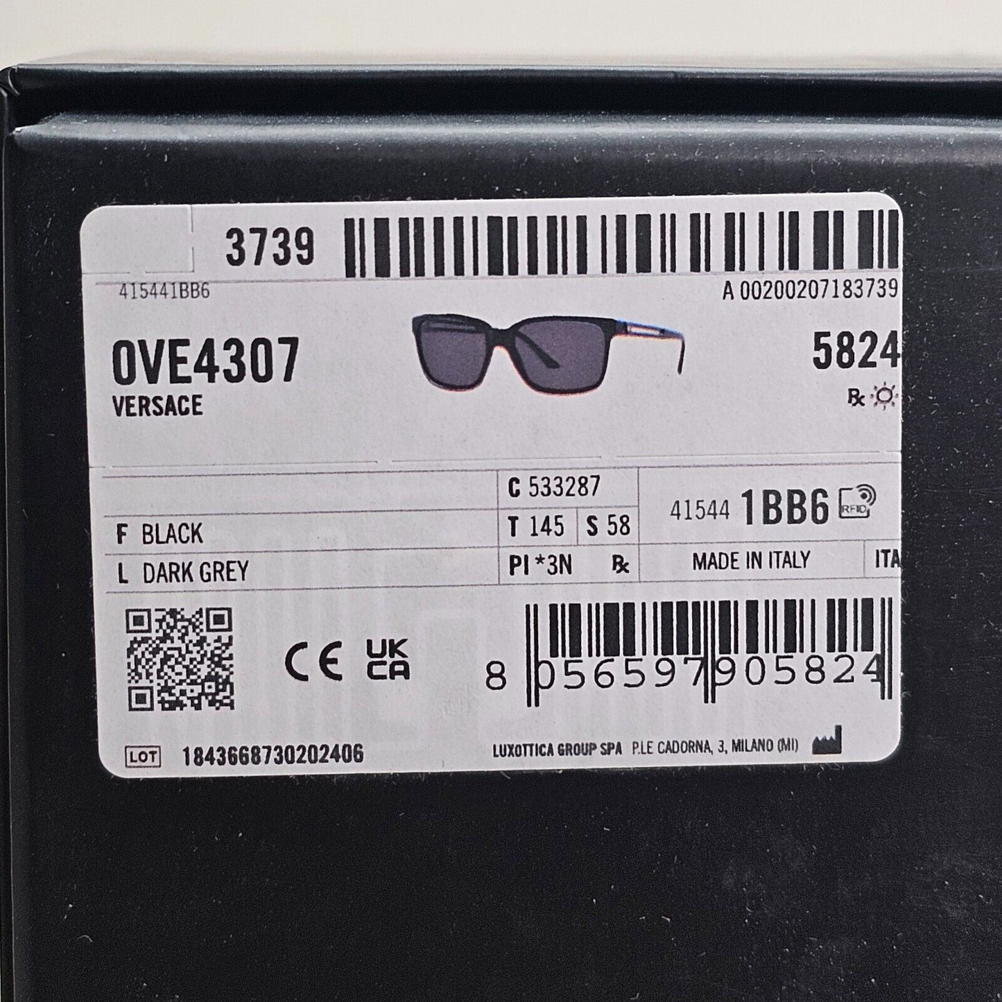 Versace Sunglasses Black Square Gold Medusa Dark Grey MOD VE 4307 5332/87 58mm