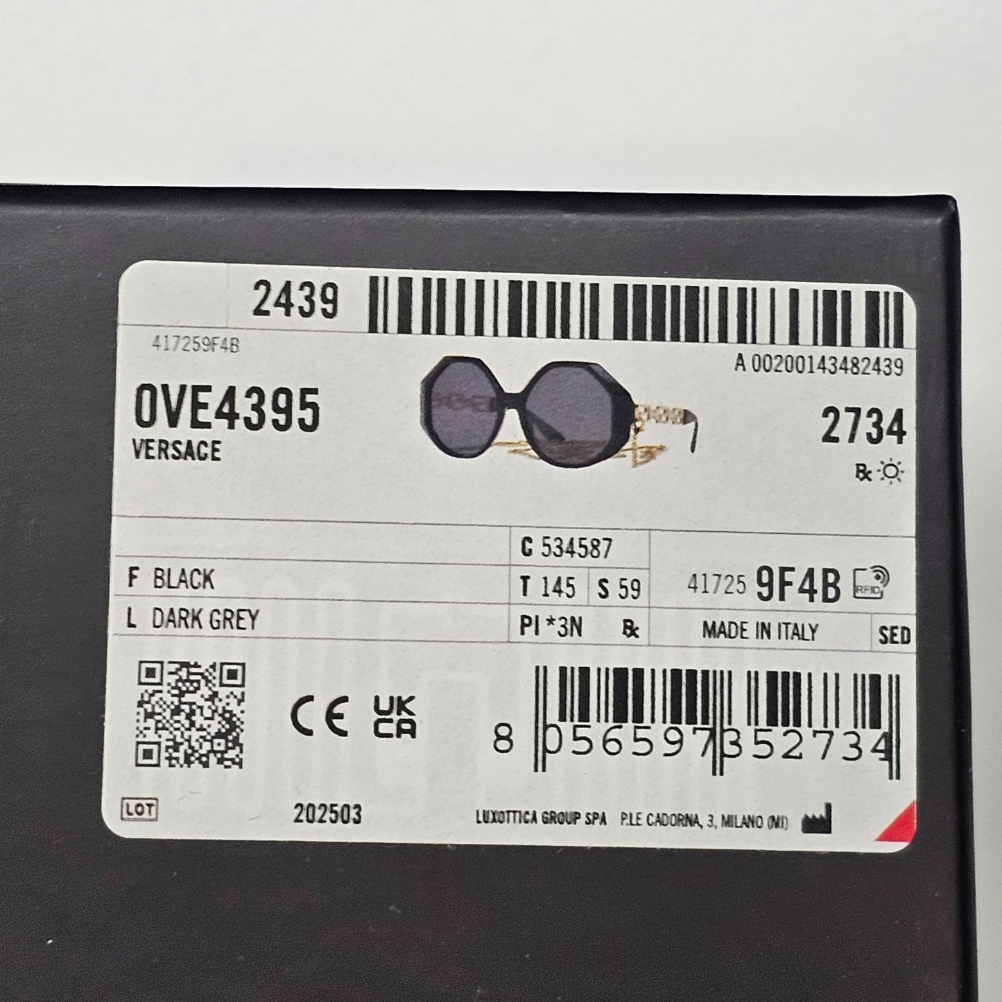 Versace Sunglasses Chain Gold Black Square Octagon Oversized MOD 4395 5345/87
