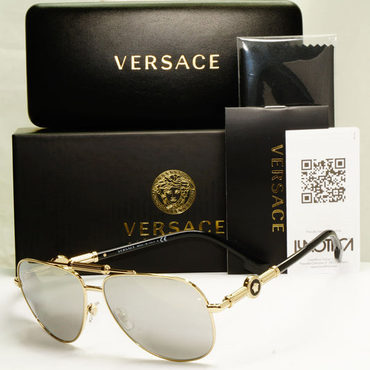Versace Silver Gold Medusa Sunglasses Mirror Pilot Mens MOD VE 2236 1252/6G