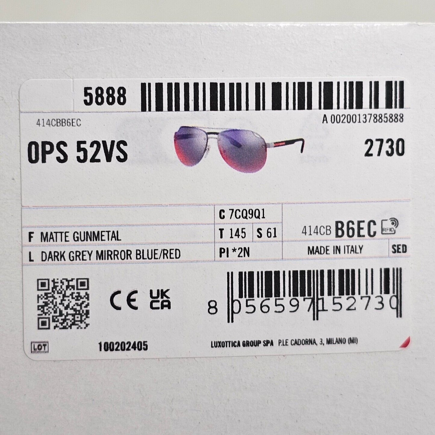 Prada Sunglasses Pilot Gunmetal Black Red Grey Mirror PS52VS SPS 52V 7CQ-9Q1