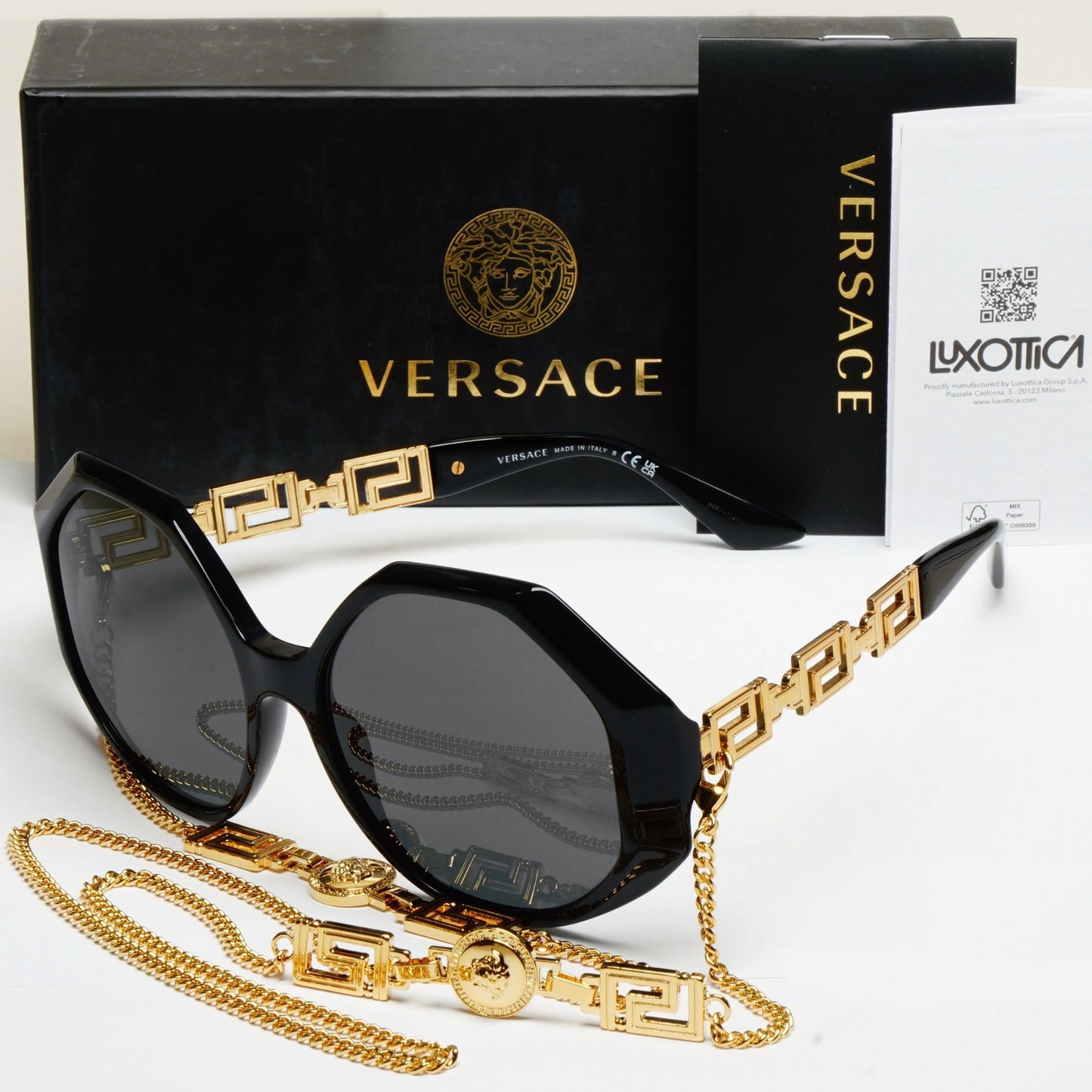 Versace Sunglasses Chain Gold Black Square Octagon Oversized MOD 4395 5345/87