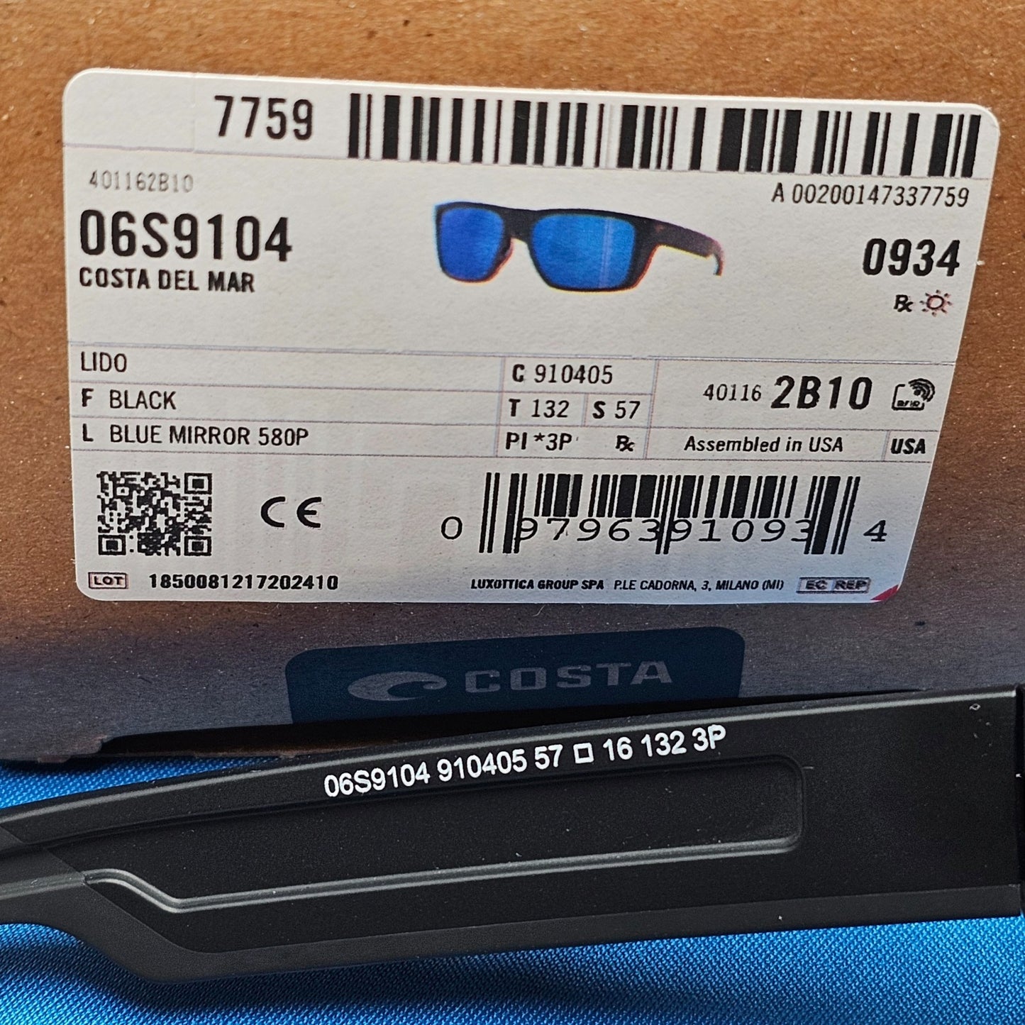 Costa Del Mar Sunglasses Lido Polarized Blue 580P Mirror Black 06S9104 04 57mm