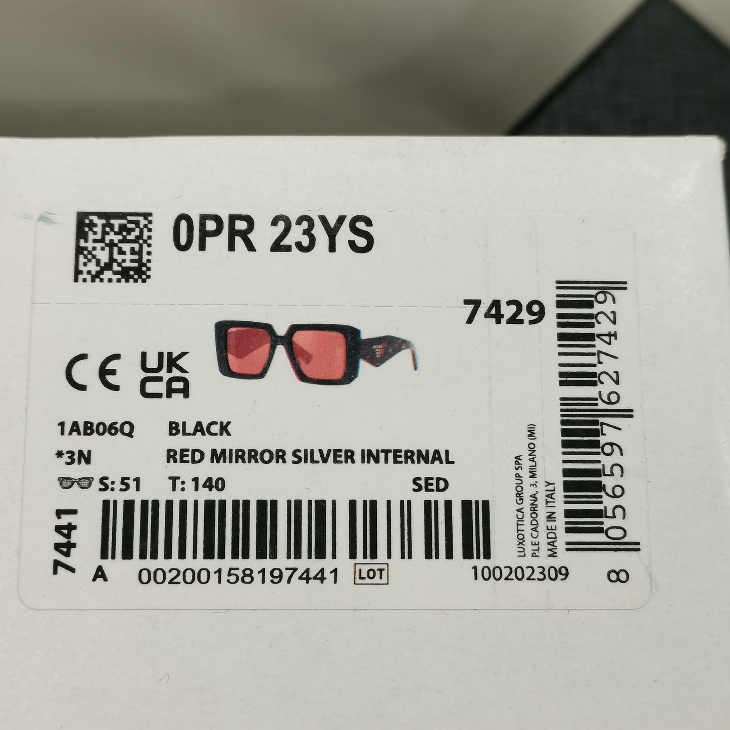 Prada Sunglasses Black Red Mirror Marble Square Triangle PR23YS SPR 23Y 1AB-06Q