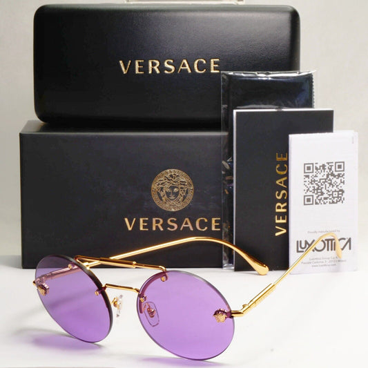 Versace Sunglasses Gold Round Rimless Medusa Violet MOD VE 2244 1002/69 56mm