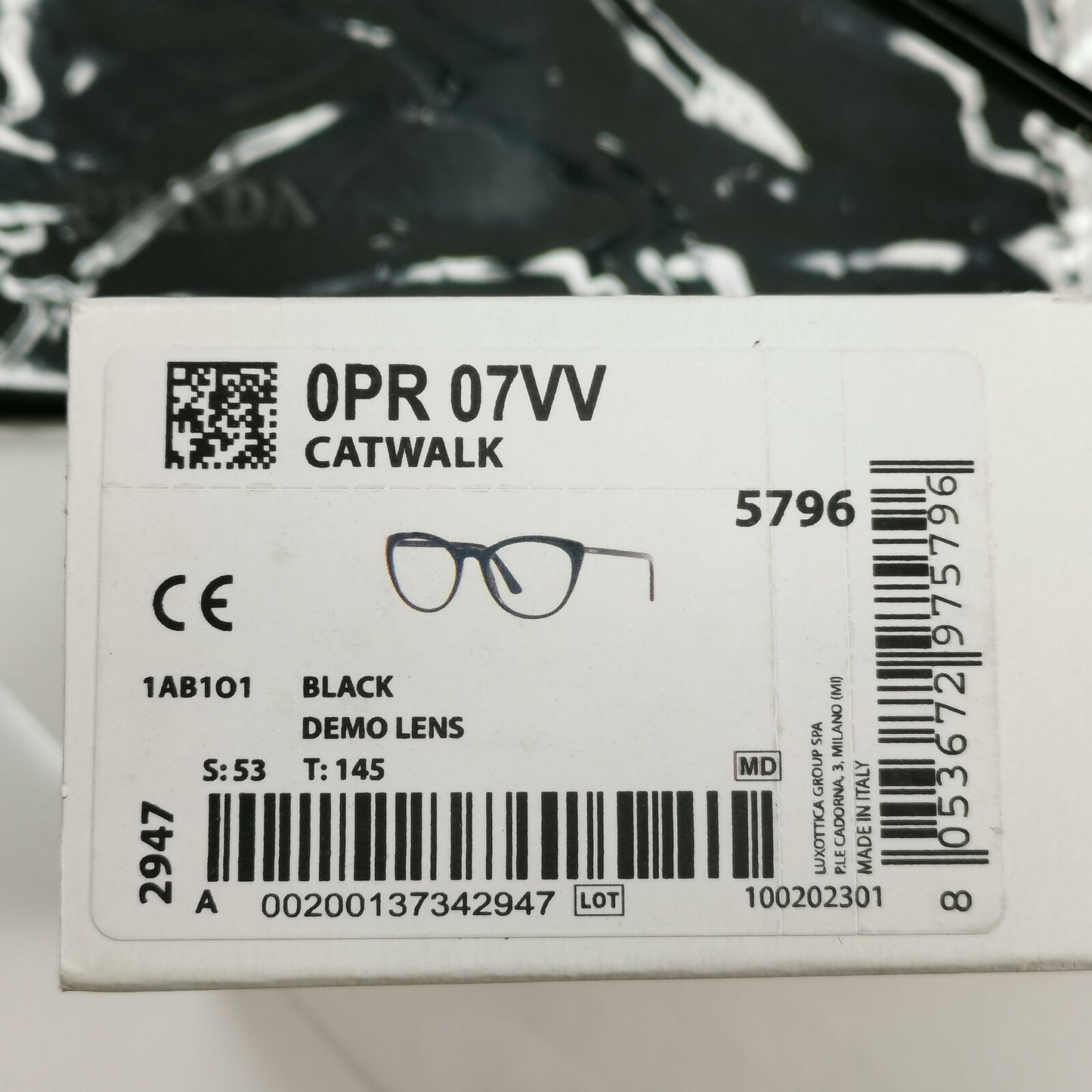 Prada Sunglasses Black Cat Eye Glossy Womens Fashion PR07VV VPR 07V 1AB-1O1 53mm